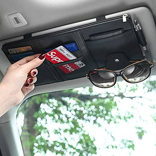 2 Packs Black Car Sun Visor Organizer, Sunglasses Holders for Car Sun Visor, PU Leather, Auto Interior Accessories Storage Travel Document Holder with Multi Pocket - 3