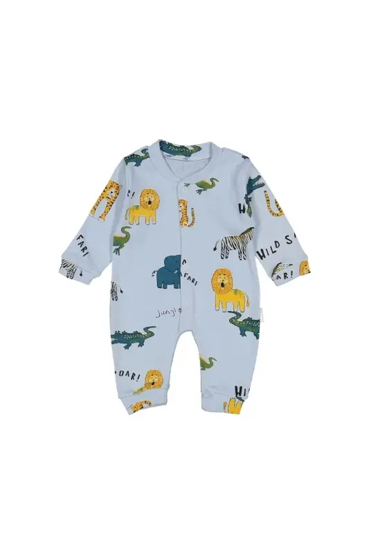 Safari Print Cuffed Baby Jumpsuit-Blue - 2