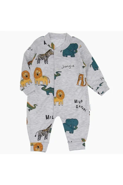 Safari Printed Baby Jumpsuit with Cuffs - Grey - 1 Month - NAYINOM