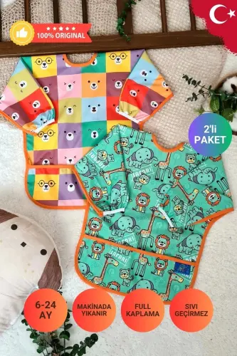SAFARİ ve KARE AYILAR Desenli 2'li Paket Sıvı Geçirmez Unisex Aktivite ve Mama Önlüğü 6-24 Ay - 1