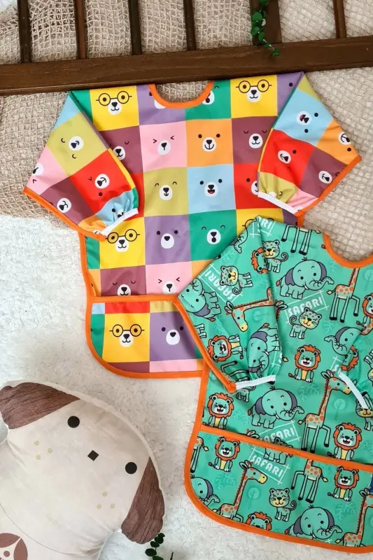 SAFARİ ve KARE AYILAR Desenli 2'li Paket Sıvı Geçirmez Unisex Aktivite ve Mama Önlüğü 6-24 Ay - 3
