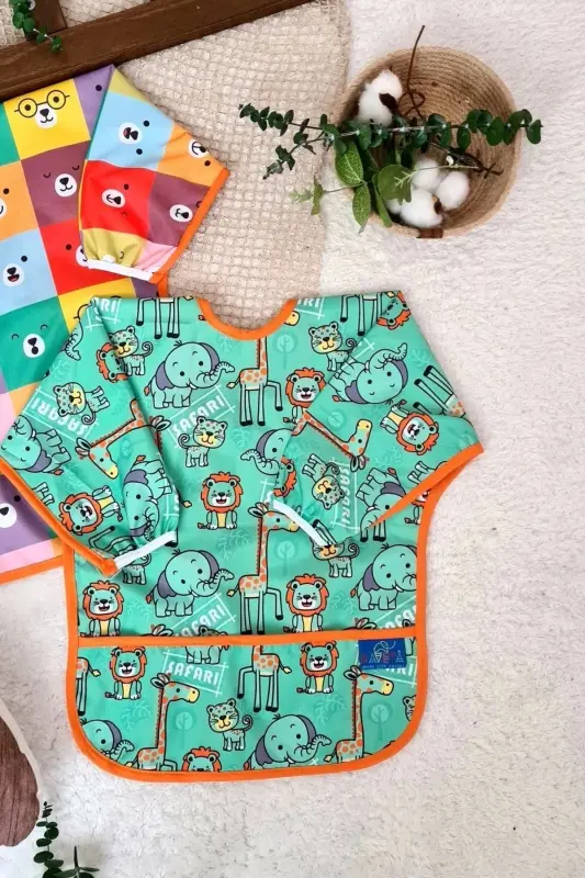 SAFARİ ve KARE AYILAR Desenli 2'li Paket Sıvı Geçirmez Unisex Aktivite ve Mama Önlüğü 6-24 Ay - 8