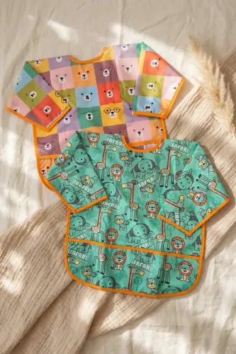 SAFARİ ve KARE AYILAR Desenli 2'li Paket Sıvı Geçirmez Unisex Aktivite ve Mama Önlüğü 6-24 Ay - 5