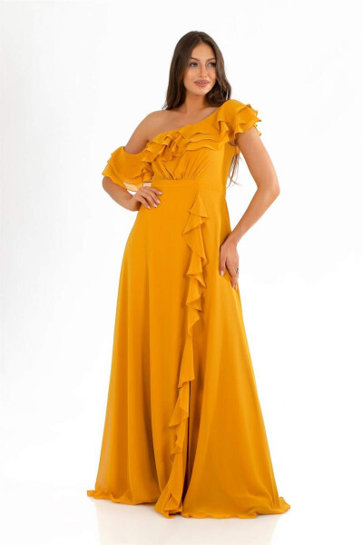 Saffron Chiffon Off-Shoulder Ruffled Slit Dress - 1