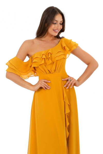 Saffron Chiffon Off-Shoulder Ruffled Slit Dress - 2