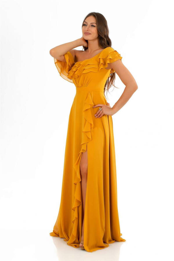 Saffron Chiffon Off-Shoulder Ruffled Slit Dress - 3