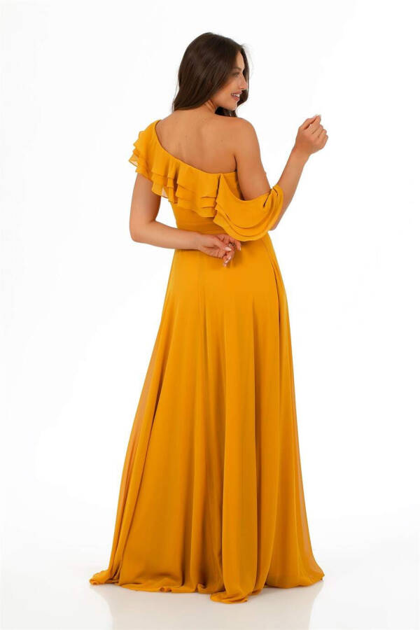 Saffron Chiffon Off-Shoulder Ruffled Slit Dress - 4