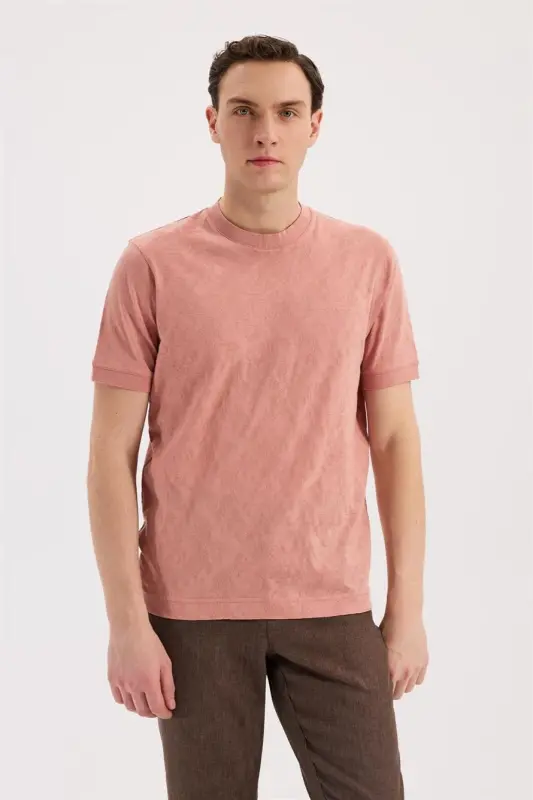 Şaftoli Slim Fit Dumaloq Yoqali Naqshli 100% Paxtali T-Shirt - JAKAMEN