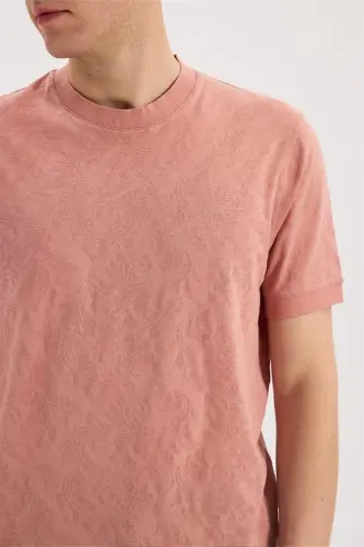 Şaftoli Slim Fit Dumaloq Yoqali Naqshli 100% Paxtali T-Shirt - 3