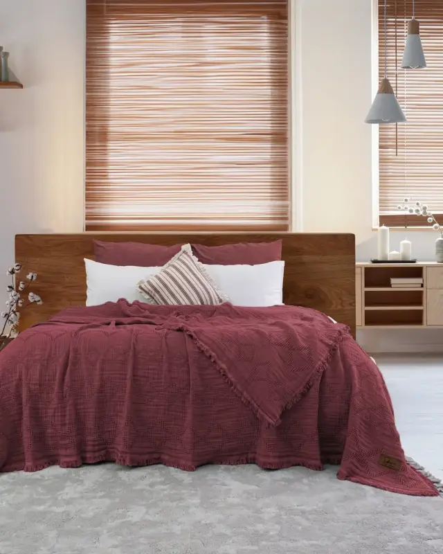 Şaheser Home Collection Müslin Yatak Örtüsü Çift Kişilik Oscar Rubby Kırmızı - 1