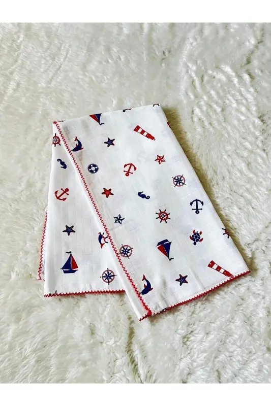 Sailor Patterned Muslin Baby Boy Swaddle Blanket - Sailor - 1