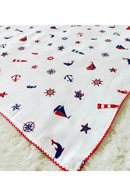 Sailor Patterned Muslin Baby Boy Swaddle Blanket - Sailor - 2