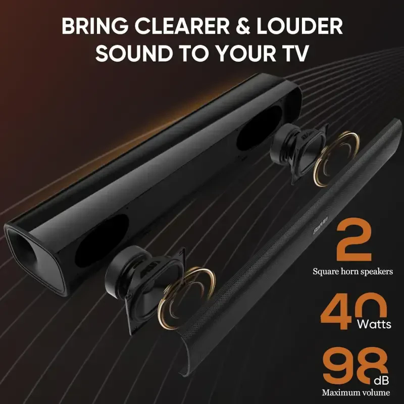 Saiyin Sound Bars for TV, 40 Watts Small Soundbar for TV,Surround Sound System TV Sound Bar Speakers with Bluetooth/Optical/AUX Connection for PC/Gaming/Projectors,17inch- - 6