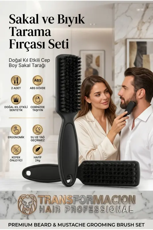 2'li Sakal ve Bıyık Tarama Fırçası Seti - Sakal Şekillendirici ve Bakım Fırçası - Doğal Kıl Etkili Cep Boy Sakal Tarağı Absolute Professional 719583 - SINGLE - TRANSFORMACION