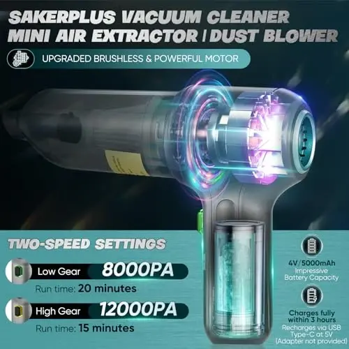 SakerPlus Car Vacuum Cleaner-Wireless Handheld Car Vacuums with Best Suction,Brushless Motor 12000PA Maximum Power,3 in 1 Mini Portable Vacuum Cleaner Cordless for Home,Office,Kitchen,Cars - 2