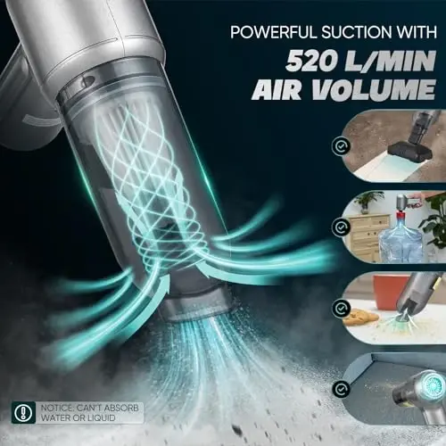 SakerPlus Car Vacuum Cleaner-Wireless Handheld Car Vacuums with Best Suction,Brushless Motor 12000PA Maximum Power,3 in 1 Mini Portable Vacuum Cleaner Cordless for Home,Office,Kitchen,Cars - 3
