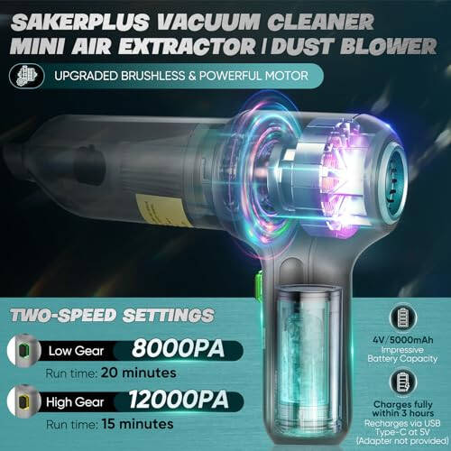 SakerPlus Car Vacuum Cleaner - Wireless Handheld Car Vacuums with Best Suction, Brushless Motor 12000PA Maximum Power, 3 in 1 Mini Portable Vacuum Cleaner Cordless for Home, Office, Kitchen, Cars - 2