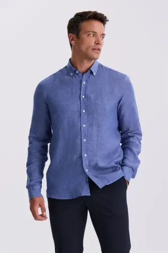 Saks 100% Linen Button-Down Collar Comfort Fit Shirt - JAKAMEN (1)