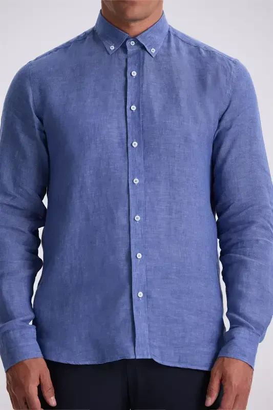 Saks 100% Linen Button-Down Collar Comfort Fit Shirt - 3