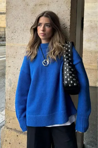 Saks Bisiklet Yaka Oversize Triko Kazak MG1972-Saks 