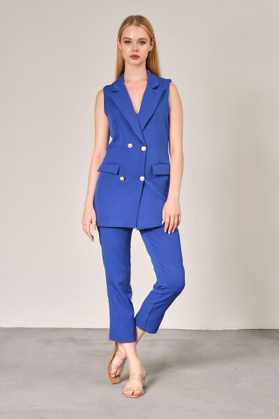 Saks Blue Blazer Vest Straight Leg Trousers Satin Fabric Suit Dress - DIAVES