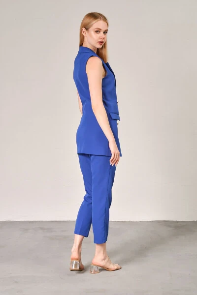 Saks Blue Blazer Vest Straight Leg Trousers Satin Fabric Suit Dress - 3