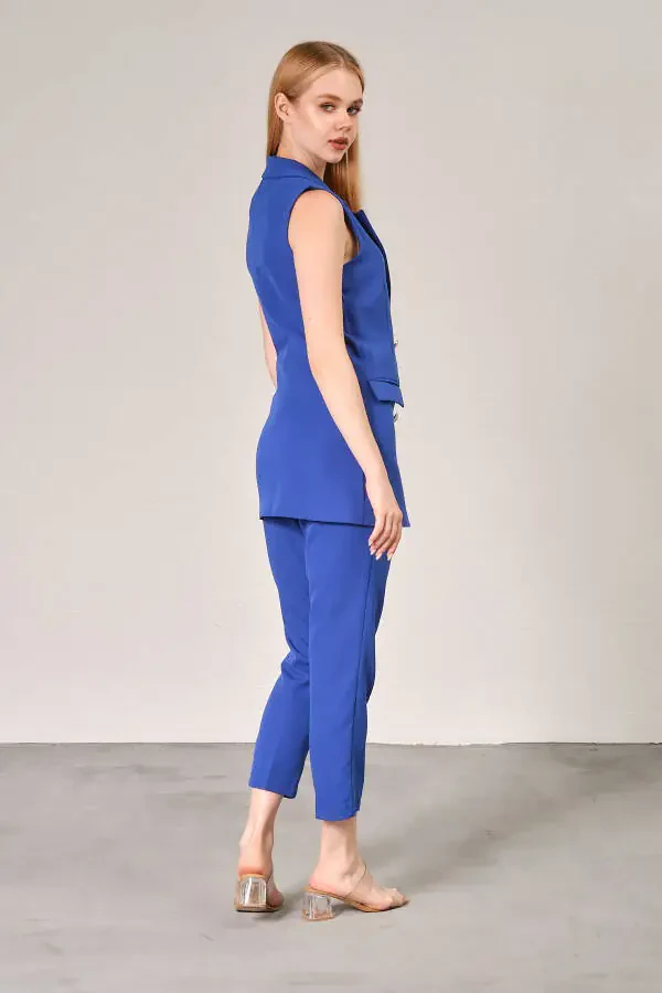Saks Blue Blazer Vest Straight Leg Trousers Satin Fabric Suit Dress - 3