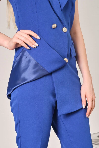 Saks Blue Blazer Vest Straight Leg Trousers Satin Fabric Suit Dress - 4