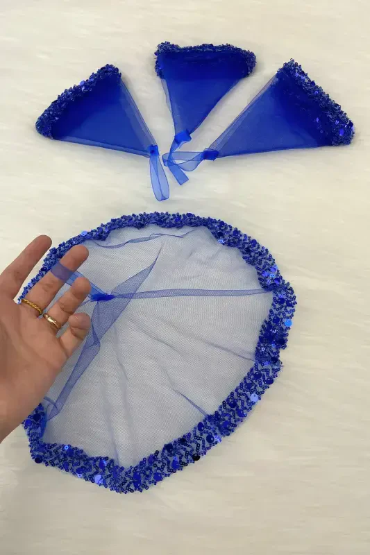 Saks Blue Bridal Handkerchief, Halay Handkerchief, Elegant Rhinestone Sequined Beaded - SADECEMENDİLSUTAŞLIZARİFSAKSMAVİ - 1