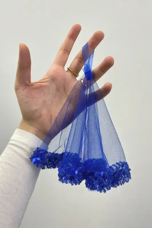 Saks Blue Bridal Handkerchief, Halay Handkerchief, Elegant Rhinestone Sequined Beaded - SADECEMENDİLSUTAŞLIZARİFSAKSMAVİ - 2