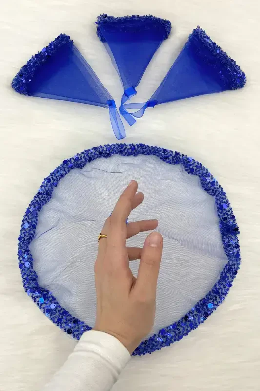 Saks Blue Bridal Handkerchief, Halay Handkerchief, Elegant Rhinestone Sequined Beaded - SADECEMENDİLSUTAŞLIZARİFSAKSMAVİ - 3