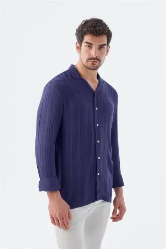 Saks Classic Fit Apache Collar Striped 100% Cotton Bohemian Shirt 