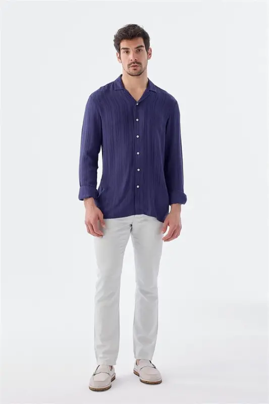 Saks Classic Fit Apache Collar Striped 100% Cotton Bohemian Shirt - 2