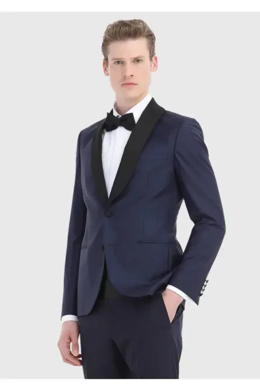 Saks Düz Fashion Slim Fit Kapalak Yoqali To'quv Smokin Kostyum - 2