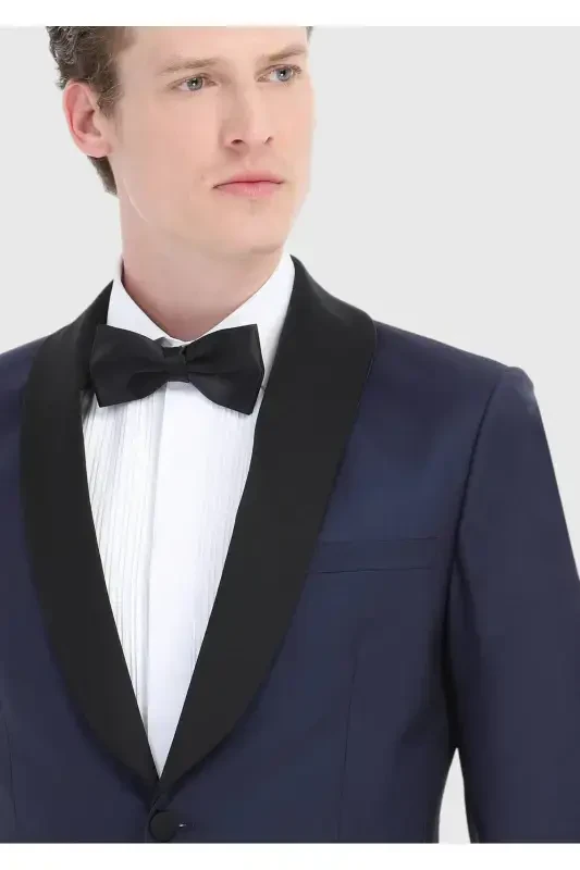 Saks Düz Fashion Slim Fit Kapalak Yoqali To'quv Smokin Kostyum - 4