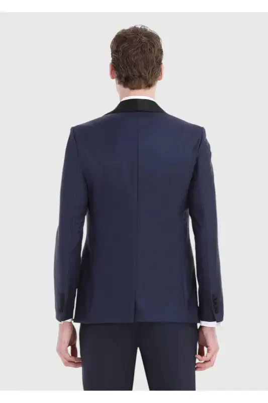 Saks Düz Fashion Slim Fit Kapalak Yoqali To'quv Smokin Kostyum - 5