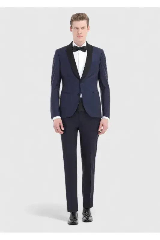 Saks Düz Fashion Slim Fit Kelebek Yaka Dokuma Smokin Takım Elbise - Modazone