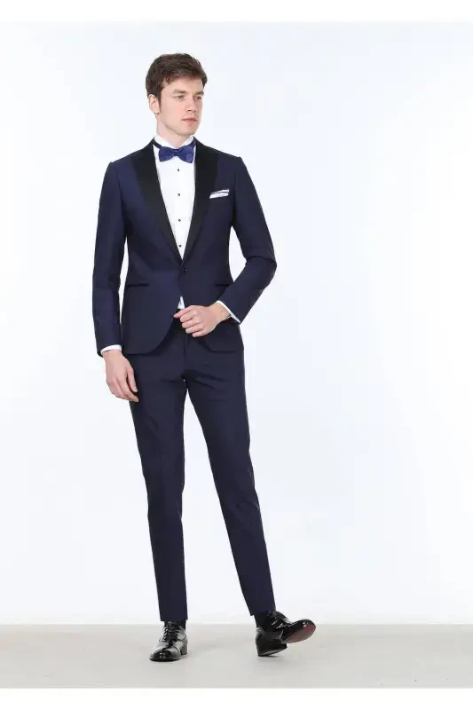 Saks Düz Moda Slim Fit Kruvaze Yaka Dokuma Smokin Kostyum - RAMSEY