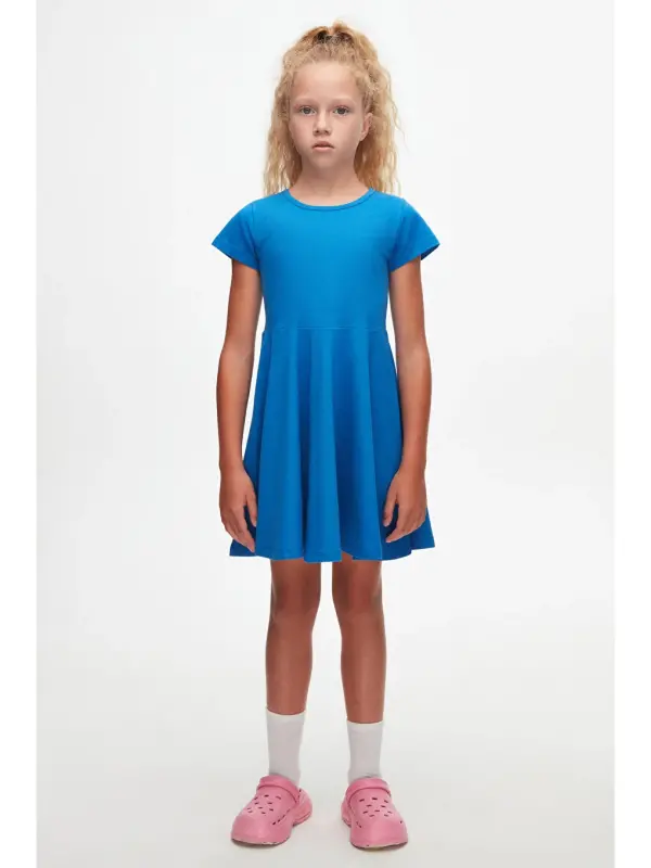 Saks Girls' Plain Basic Short Sleeve Dress-Blue - LC WAIKIKI