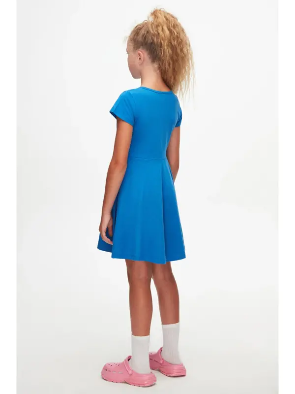 Saks Girls' Plain Basic Short Sleeve Dress-Blue - 3