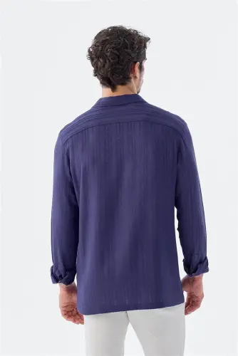 Saks Klasik Fit Apaş Yaka Çizgili %100 Pamuk Bohem Gömlek - 4