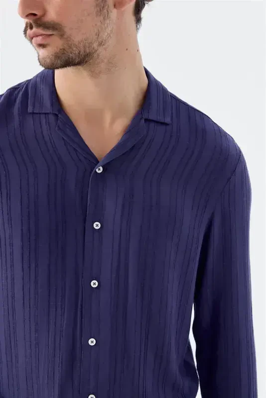 Saks Klassik Fit Apaş Yoqali Chiziqli 100% Paxta Bohem Ko'ylak - 3