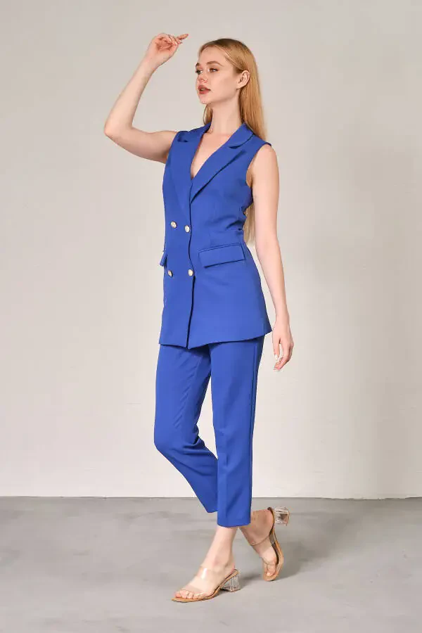 Saks Mavi Blazer Yelek Boru Paça Pantolon Atlas Kumaş Takım Elbise-Saks Mavi - 2