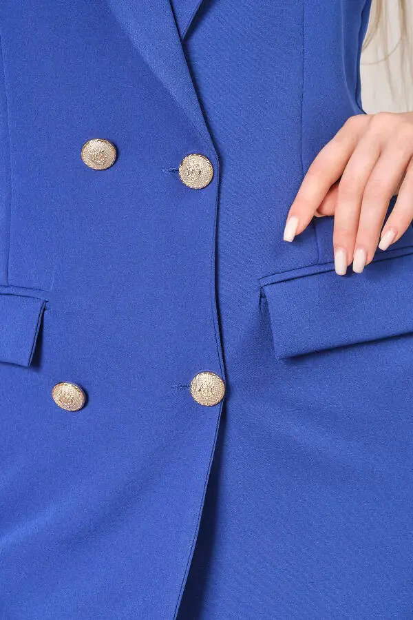 Saks Mavi Blazer Yelek Boru Paça Pantolon Atlas Kumaş Takım Elbise-Saks Mavi - 5