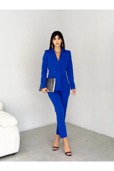 Saks Mavi Kruvaze Blazer Ceket Havuç Pantolon Takım Elbise-Mavi - DIAVES