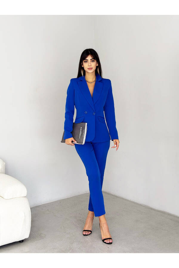 Saks Mavi Kruvaze Blazer Ceket Havuç Pantolon Takım Elbise-Mavi - 1