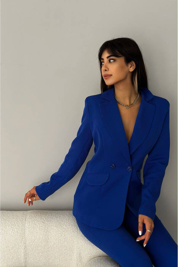 Saks Mavi Kruvaze Blazer Ceket Havuç Pantolon Takım Elbise-Mavi - 2