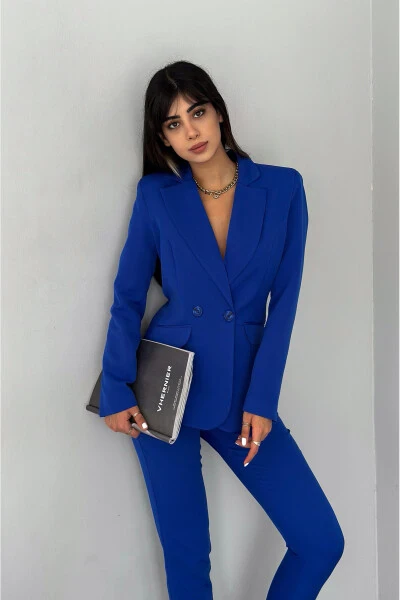 Saks Mavi Kruvaze Blazer Ceket Havuç Pantolon Takım Elbise-Mavi - 3