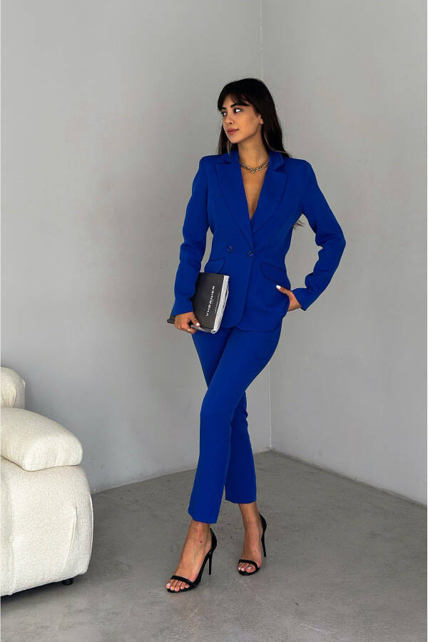 Saks Mavi Kruvaze Blazer Ceket Havuç Pantolon Takım Elbise-Mavi - 4