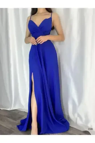 Сакс Мависы Креп Кумаш Йыртмач Детайлы Абие Эльбисе-МАВИ - 1